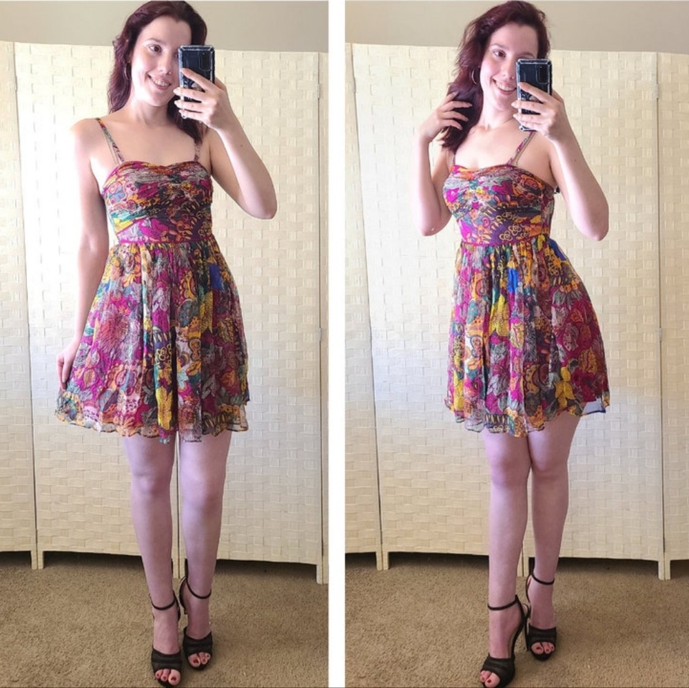 100% Silk ASYA Brand Flirty Short Colorful Floral Summer Dress Pink Mini Party